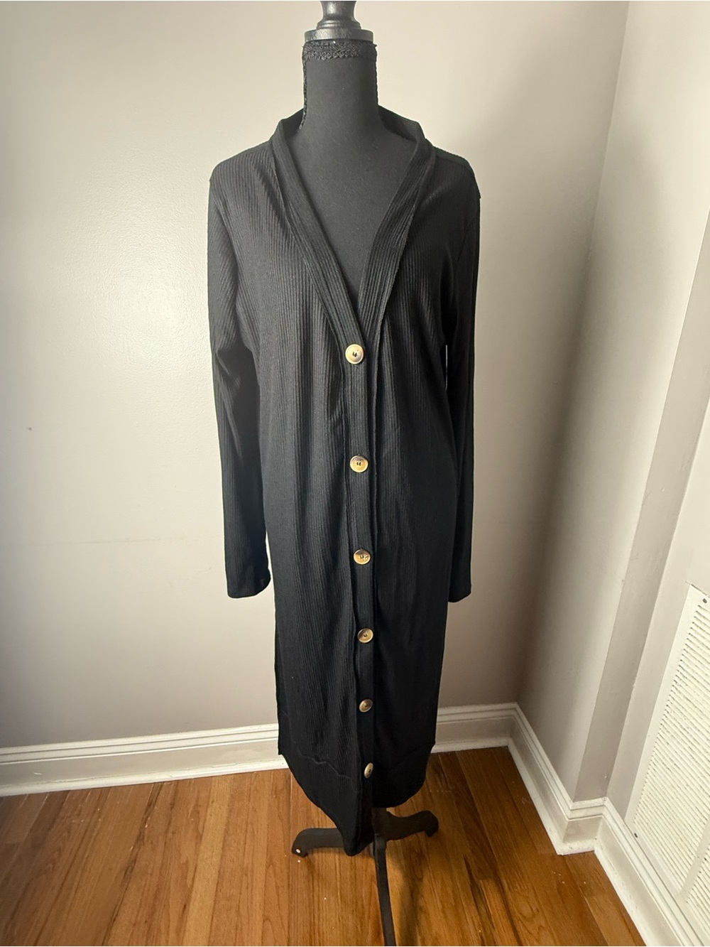 Zenana Outfitters Black Long Button-Front Knit Robe